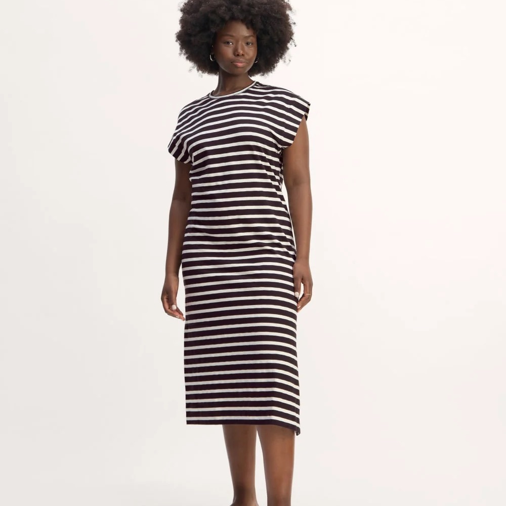 Everlane THE MUSCLE TEE MIDI DRESS in Black and Bone Stripe